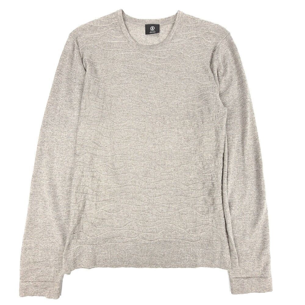 BOGNER 100% Virgin Wool Intarsia Cable Knit Crew Neck Sweater Mens Medium Taupe